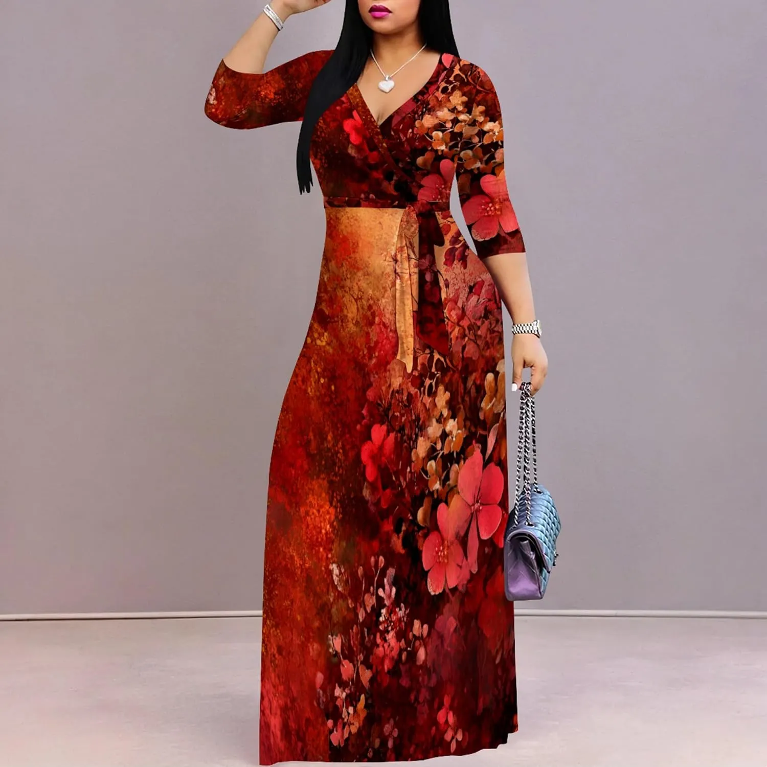 Plus Size Women's Maxi Dress Ethnic Print Long Dress Fashion Sexy Deep V Neck 3/4 Sleeves Autumn Dress with Belt