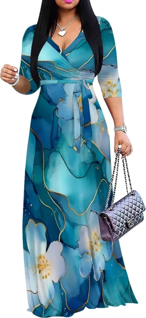 Plus Size Women's Maxi Dress Ethnic Print Long Dress Fashion Sexy Deep V Neck 3/4 Sleeves Autumn Dress with Belt