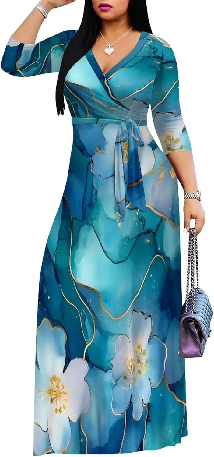 Plus Size Women's Maxi Dress Ethnic Print Long Dress Fashion Sexy Deep V Neck 3/4 Sleeves Autumn Dress with Belt