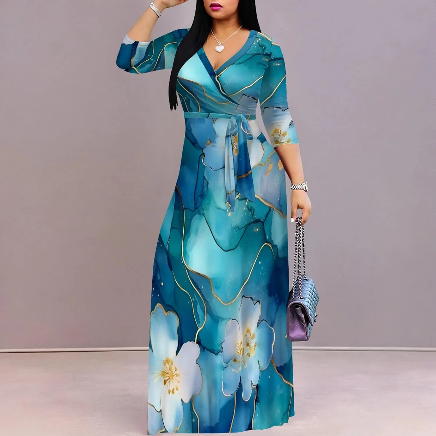 Plus Size Women's Maxi Dress Ethnic Print Long Dress Fashion Sexy Deep V Neck 3/4 Sleeves Autumn Dress with Belt