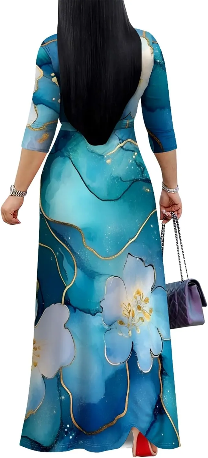 Plus Size Women's Maxi Dress Ethnic Print Long Dress Fashion Sexy Deep V Neck 3/4 Sleeves Autumn Dress with Belt
