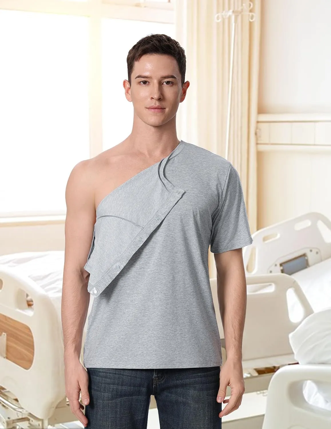 Post Shoulder Surgery Recovery Shirt with Magnetic Buttons for Women Crew Neck Tear Away Shirts for Shoulder Surgery for Men