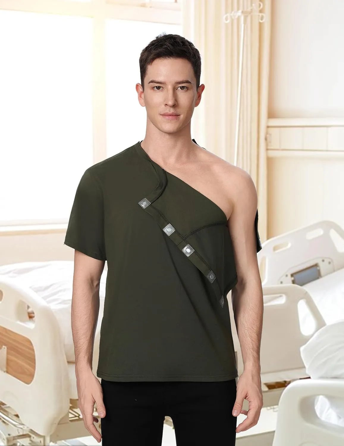 Post Shoulder Surgery Recovery Shirt with Magnetic Buttons for Women Crew Neck Tear Away Shirts for Shoulder Surgery for Men