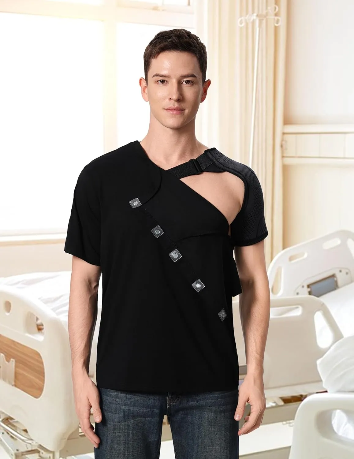 Post Shoulder Surgery Recovery Shirt with Magnetic Buttons for Women Crew Neck Tear Away Shirts for Shoulder Surgery for Men