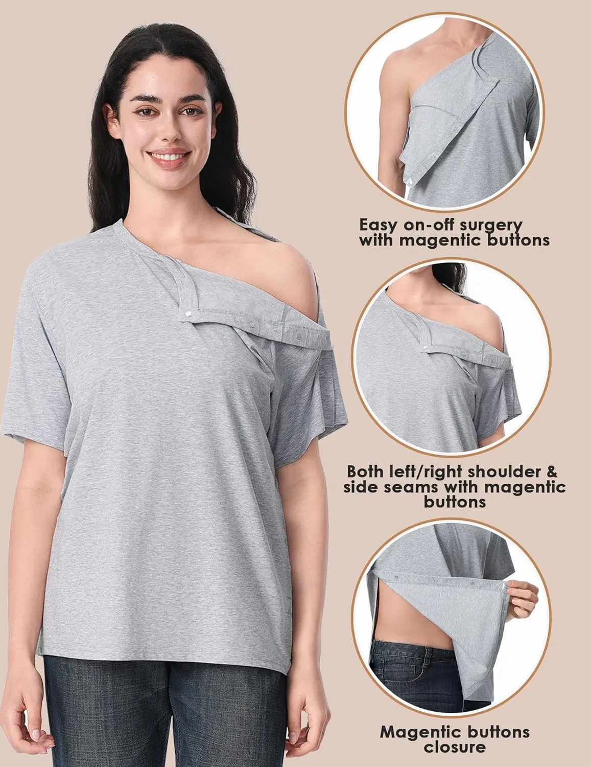 Post Shoulder Surgery Recovery Shirt with Magnetic Buttons for Women Crew Neck Tear Away Shirts for Shoulder Surgery for Men
