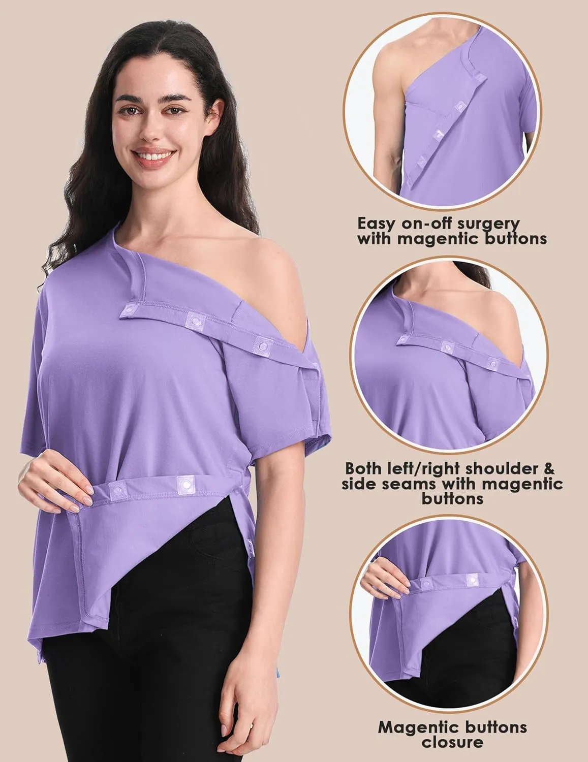 Post Shoulder Surgery Recovery Shirt with Magnetic Buttons for Women Crew Neck Tear Away Shirts for Shoulder Surgery for Men