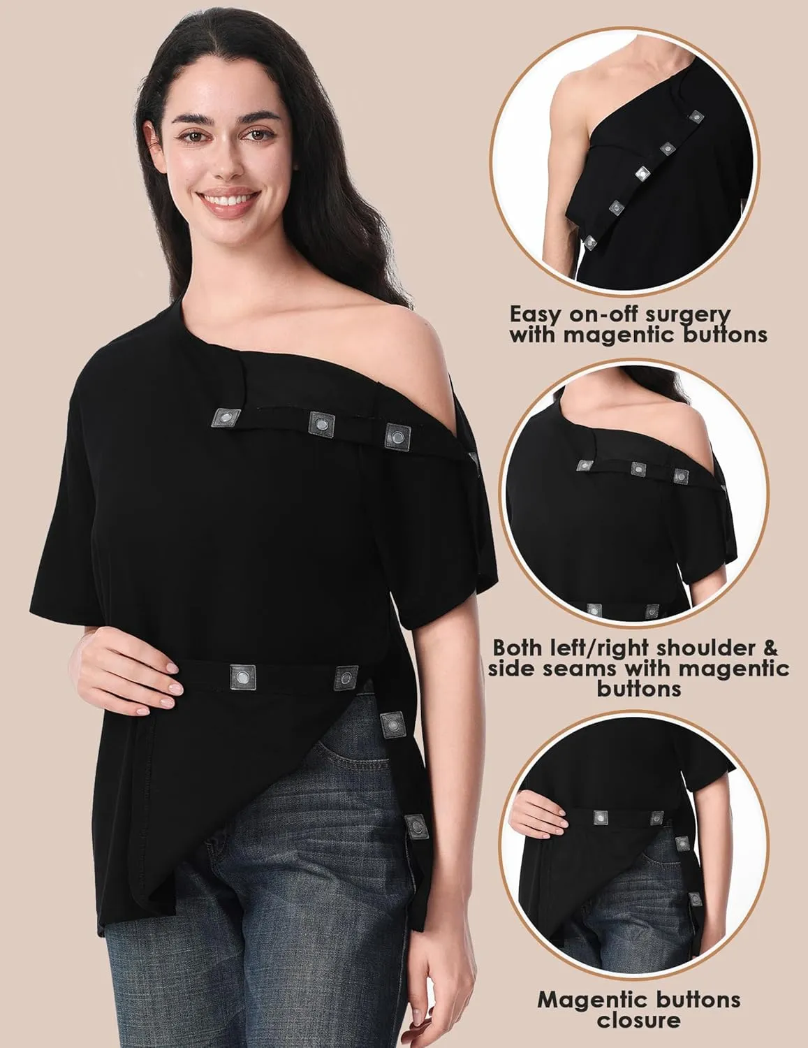 Post Shoulder Surgery Recovery Shirt with Magnetic Buttons for Women Crew Neck Tear Away Shirts for Shoulder Surgery for Men