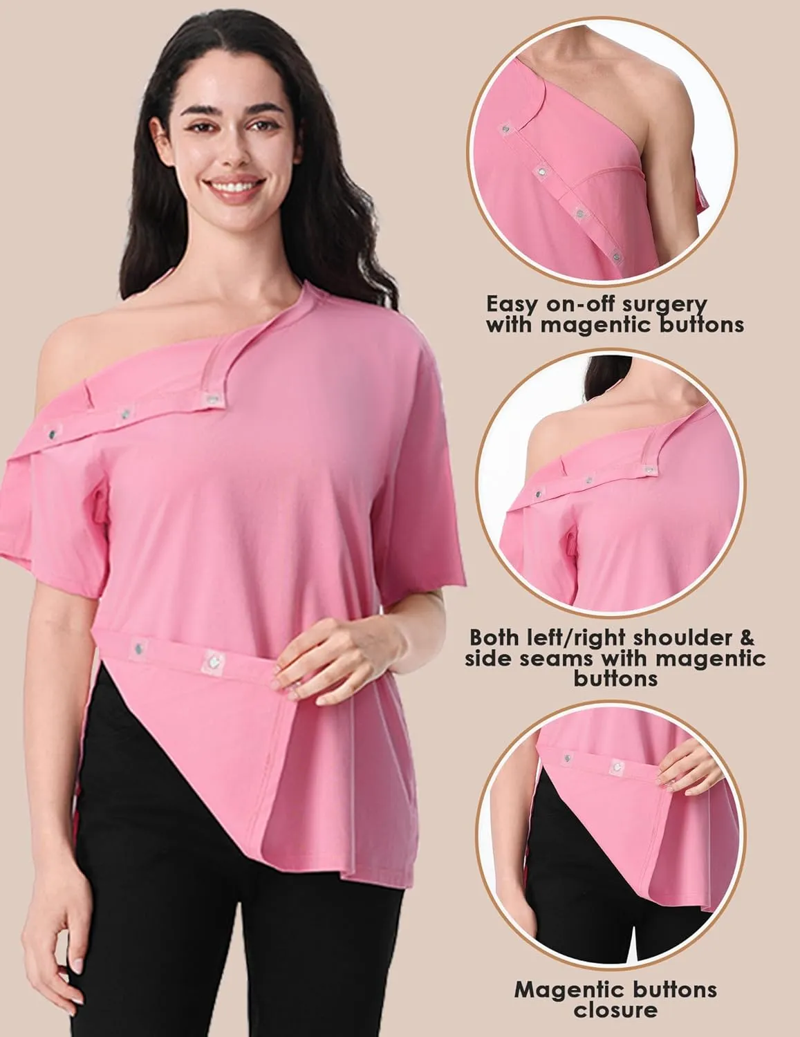 Post Shoulder Surgery Recovery Shirt with Magnetic Buttons for Women Crew Neck Tear Away Shirts for Shoulder Surgery for Men