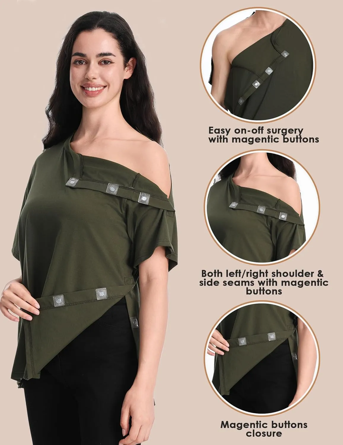 Post Shoulder Surgery Recovery Shirt with Magnetic Buttons for Women Crew Neck Tear Away Shirts for Shoulder Surgery for Men