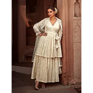 Preevin Off White Double Layer All Over Barfi Embroidered Angrakha (Set of 3)