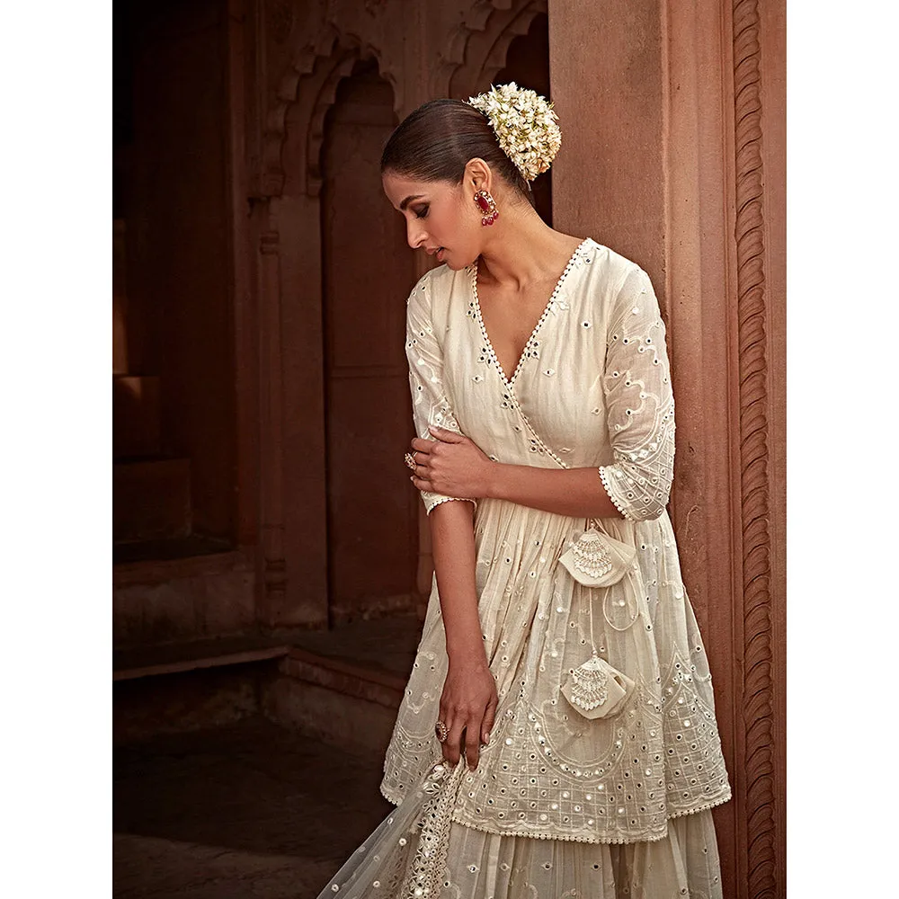 Preevin Off White Double Layer All Over Barfi Embroidered Angrakha (Set of 3)