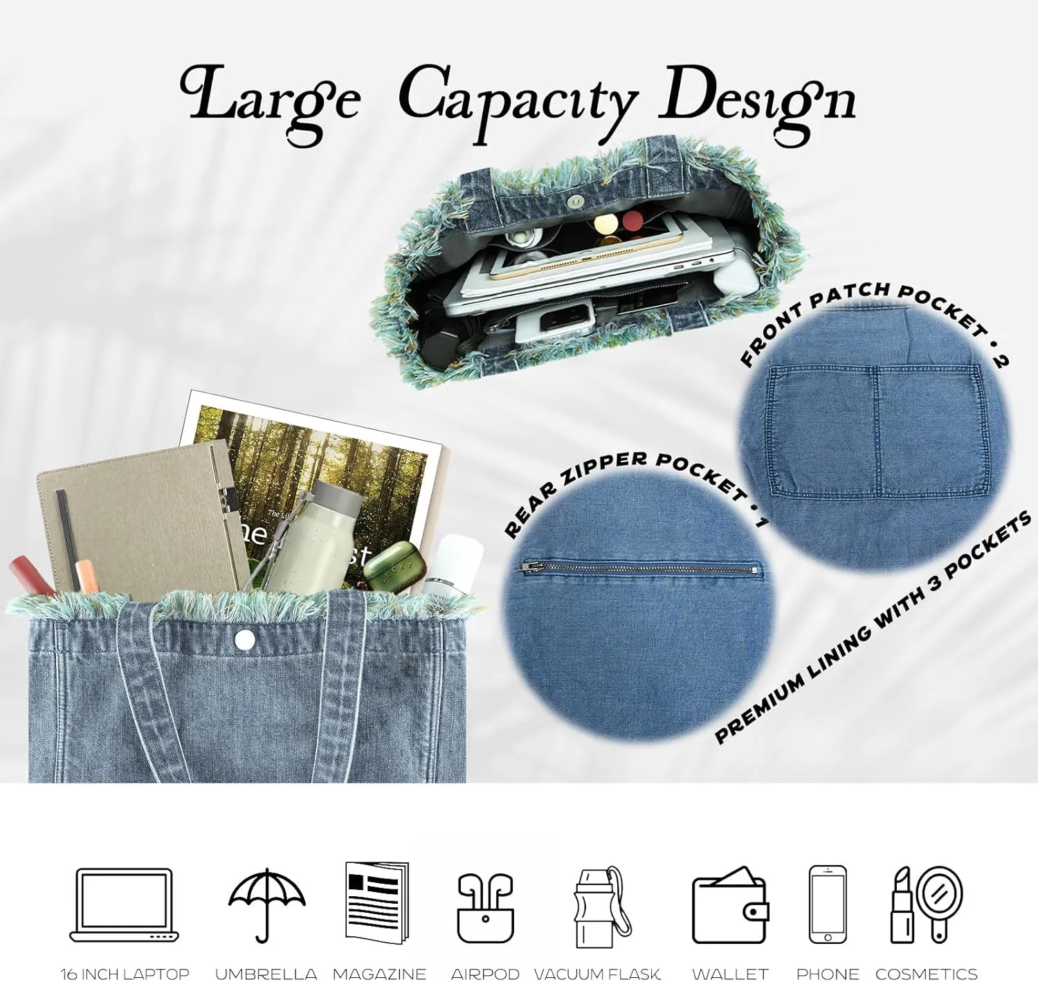 Premium Green Yarn Fringe Boho Designer Women Purse, 2025 Summer Lightweight Foldable Large Denim Tote Bag with Pockets