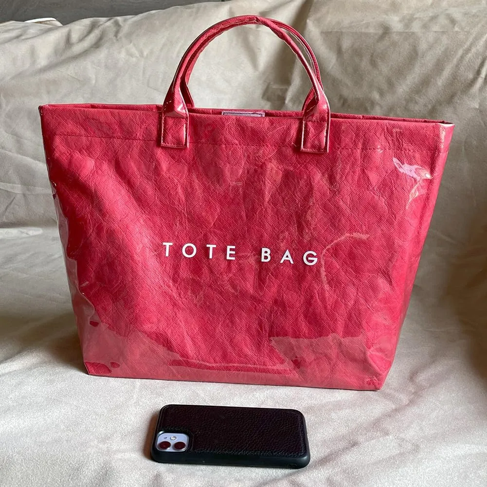PVC Tote Bag for Women Large Kraft Paper Tote Bag Trendy Letter Print Tote Bag Clear Top Handle Hobo Handbag