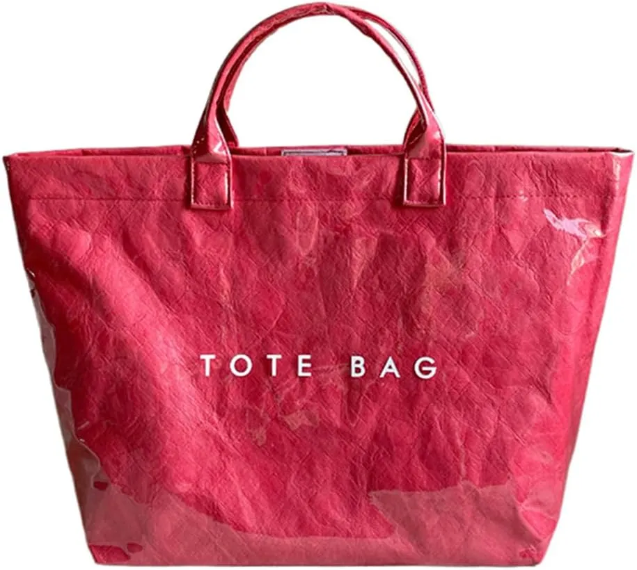 PVC Tote Bag for Women Large Kraft Paper Tote Bag Trendy Letter Print Tote Bag Clear Top Handle Hobo Handbag