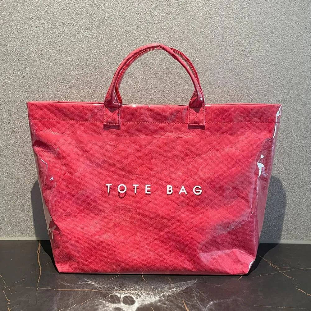 PVC Tote Bag for Women Large Kraft Paper Tote Bag Trendy Letter Print Tote Bag Clear Top Handle Hobo Handbag