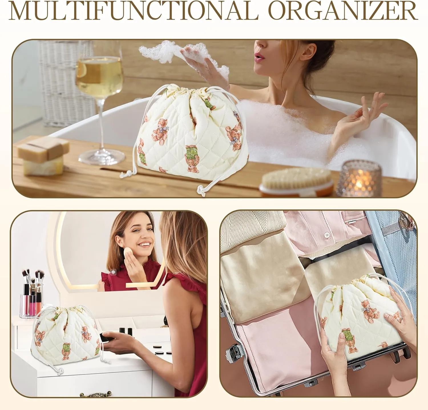 Quilted Makeup Bag for Women, Coquette Aesthetic Cosmetic Bag, Cute Travel Toiletry Bag, Cotton Drawstring Pouch for Women and Girls