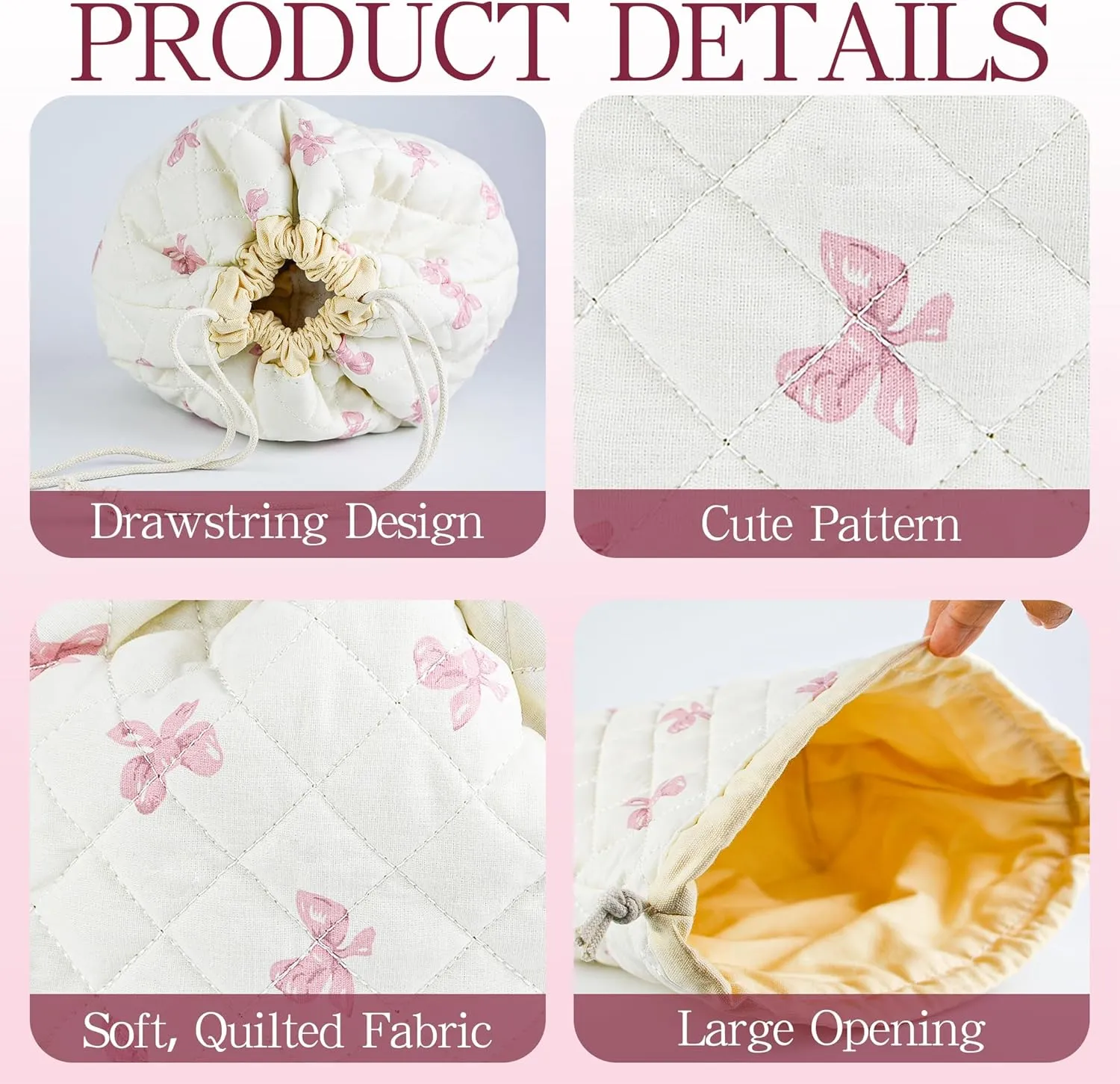 Quilted Makeup Bag for Women, Coquette Aesthetic Cosmetic Bag, Cute Travel Toiletry Bag, Cotton Drawstring Pouch for Women and Girls