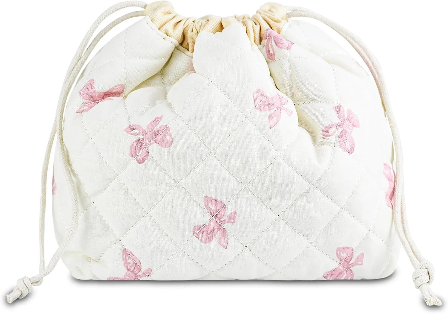 Quilted Makeup Bag for Women, Coquette Aesthetic Cosmetic Bag, Cute Travel Toiletry Bag, Cotton Drawstring Pouch for Women and Girls