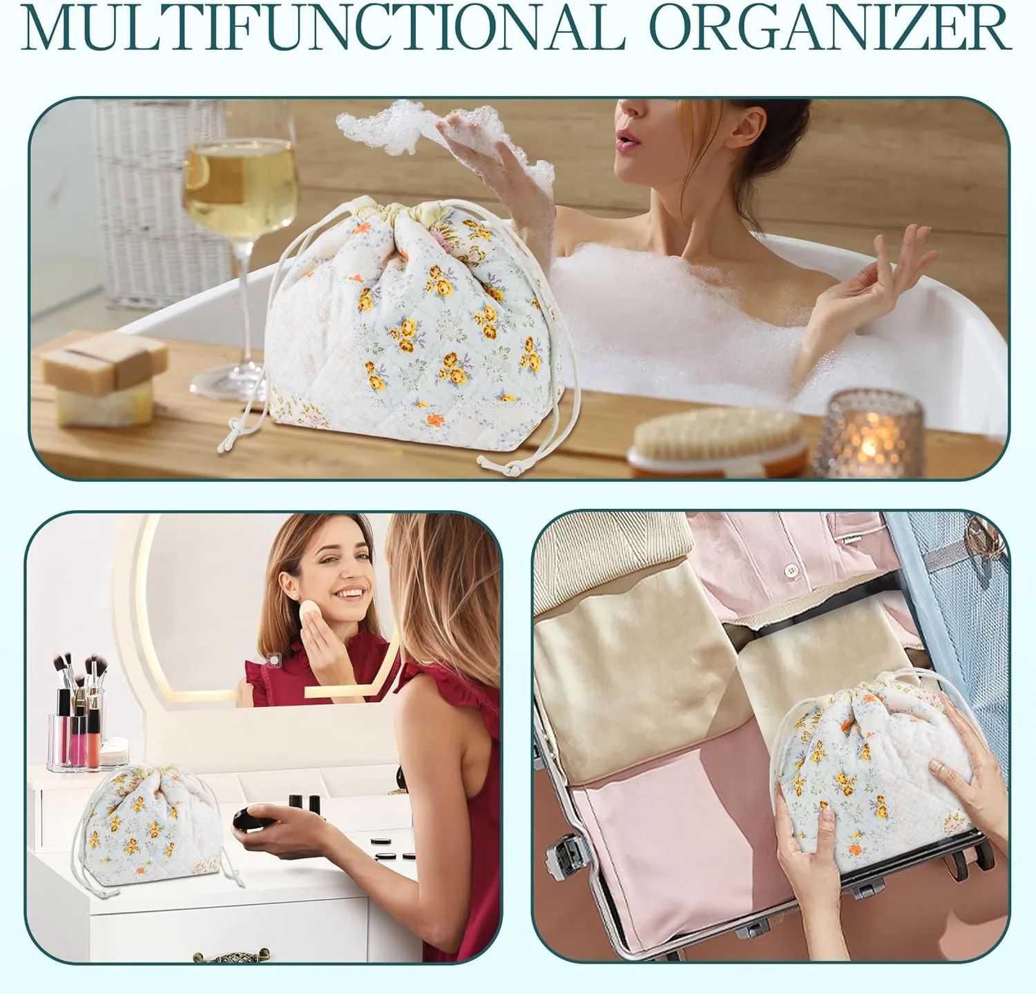 Quilted Makeup Bag for Women, Coquette Aesthetic Cosmetic Bag, Cute Travel Toiletry Bag, Cotton Drawstring Pouch for Women and Girls