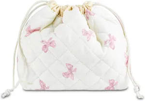 Quilted Makeup Bag for Women, Coquette Aesthetic Cosmetic Bag, Cute Travel Toiletry Bag, Cotton Drawstring Pouch for Women and Girls