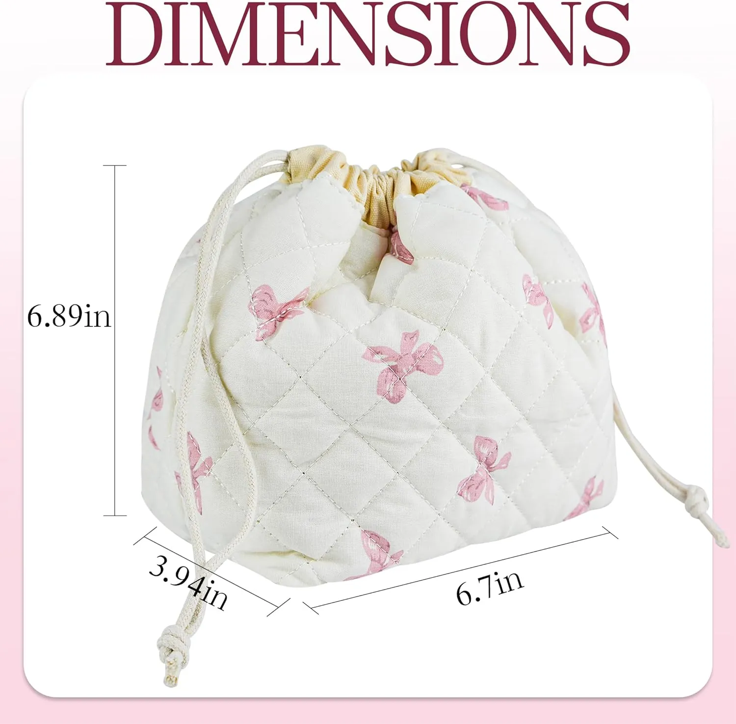 Quilted Makeup Bag for Women, Coquette Aesthetic Cosmetic Bag, Cute Travel Toiletry Bag, Cotton Drawstring Pouch for Women and Girls