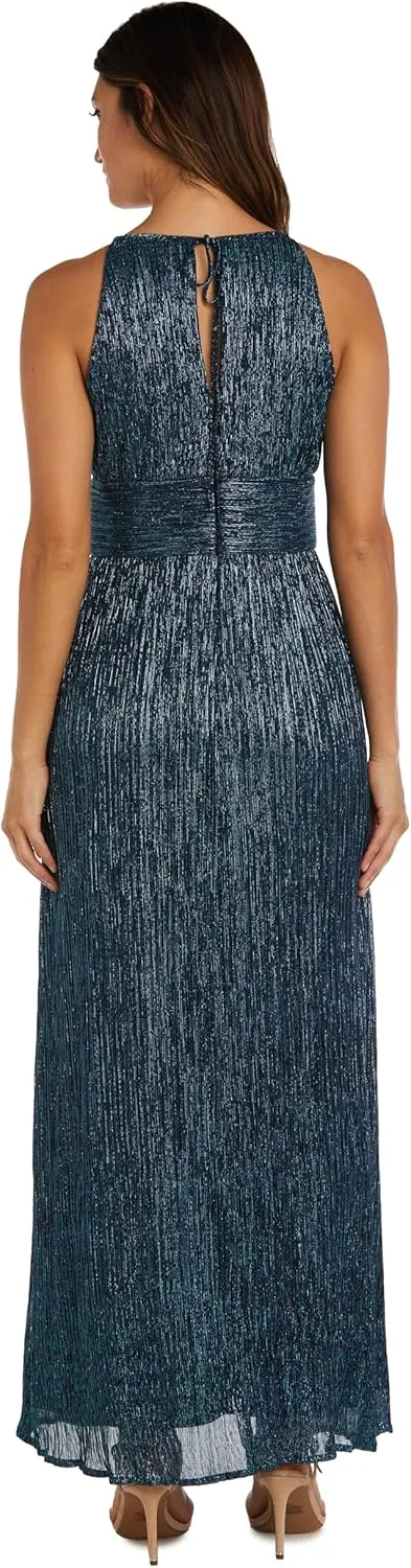R&M Richards Women's Metallic Halterneck Gown with Thigh Split