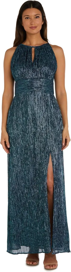 R&M Richards Women's Metallic Halterneck Gown with Thigh Split