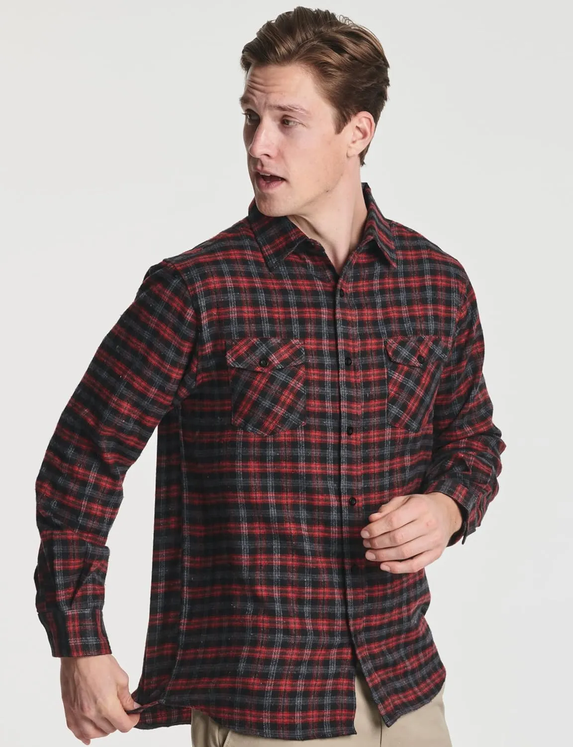Real Essentials 3 Pack: Men's Long-Sleeve Flannel Button Down Plaid Casual Shirt (Available in Big & Tall)