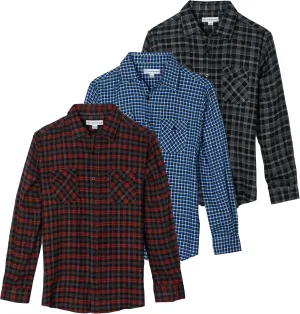 Real Essentials 3 Pack: Men's Long-Sleeve Flannel Button Down Plaid Casual Shirt (Available in Big & Tall)