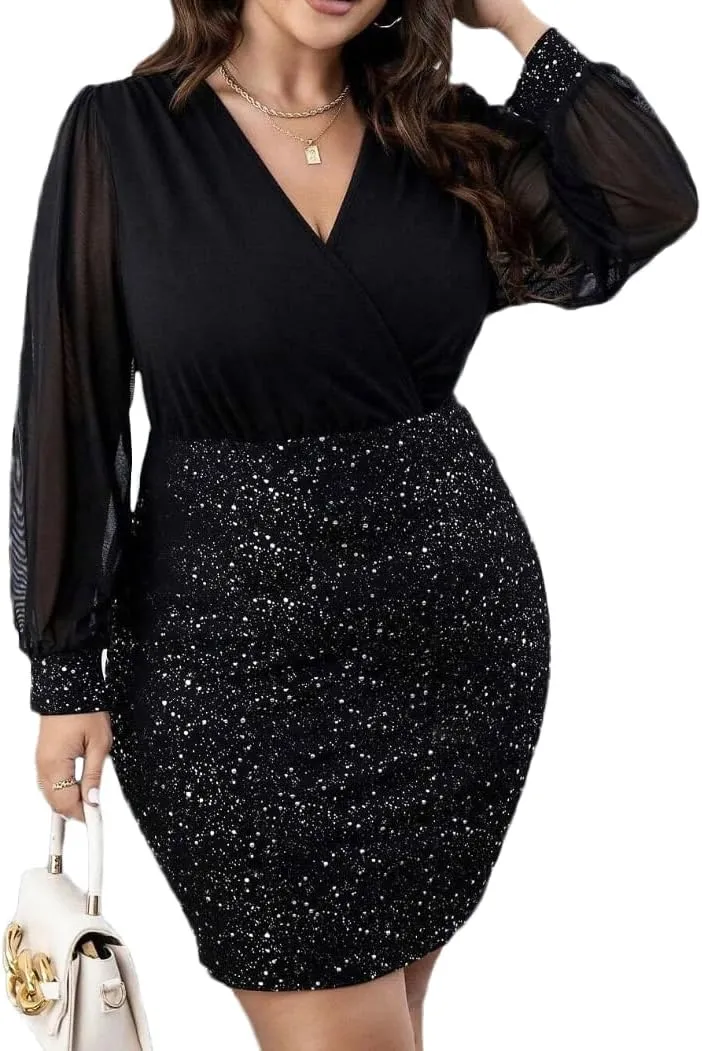RED DOT BOUTIQUE - 807 - Black Sheer Mesh Long Sleeves Club Sequins Dress Plus Size