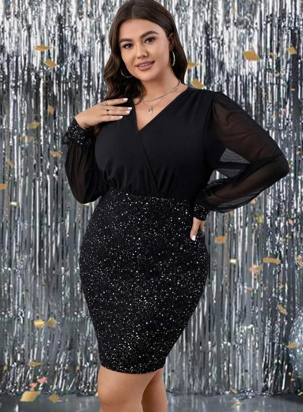 RED DOT BOUTIQUE - 807 - Black Sheer Mesh Long Sleeves Club Sequins Dress Plus Size