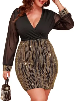 RED DOT BOUTIQUE - 807 - Black Sheer Mesh Long Sleeves Club Sequins Dress Plus Size