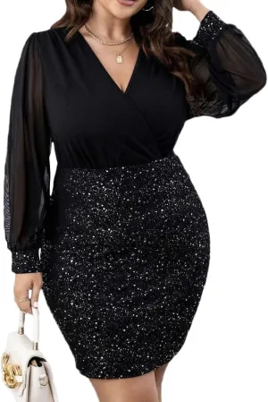 RED DOT BOUTIQUE - 807 - Black Sheer Mesh Long Sleeves Club Sequins Dress Plus Size