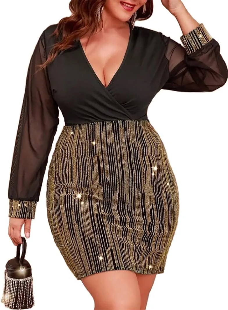 RED DOT BOUTIQUE - 807 - Black Sheer Mesh Long Sleeves Club Sequins Dress Plus Size