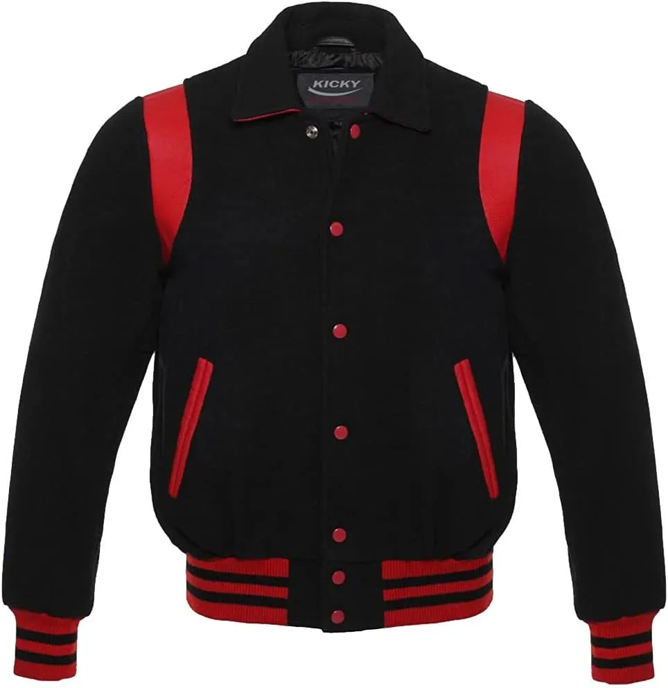 Retro Varsity Letterman Jacket since DECADES, 100% Melton Wool Body, Leather Shoulder Inserts, 11 Colors Options