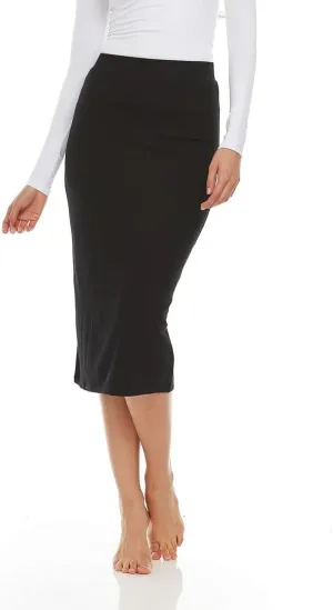Ribbed Midi Skirt with Elastic Waist for Women- Bodycon Office Pencil Skirt