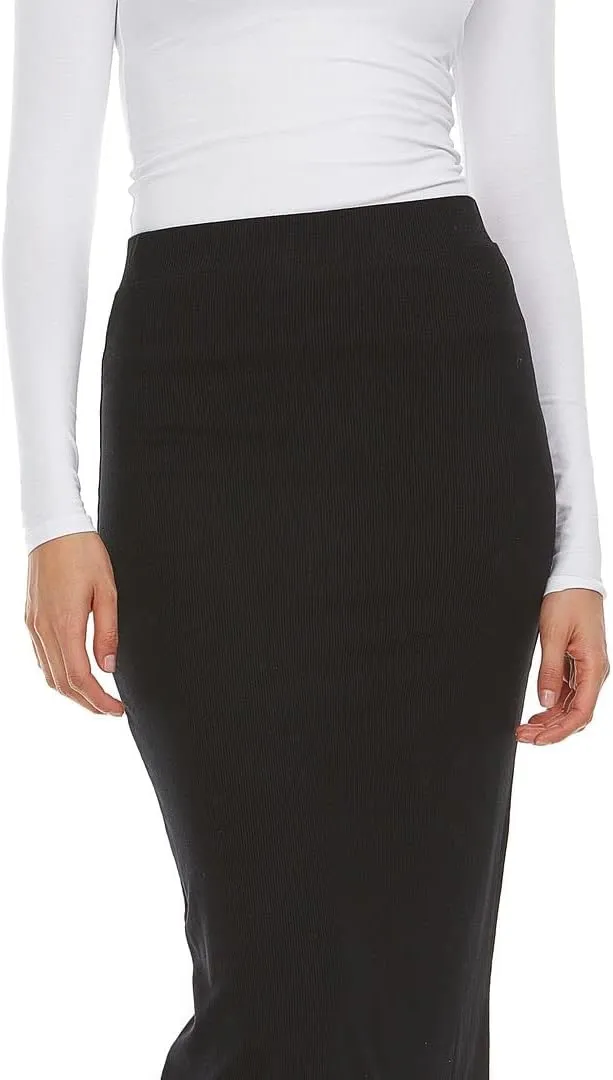 Ribbed Midi Skirt with Elastic Waist for Women- Bodycon Office Pencil Skirt