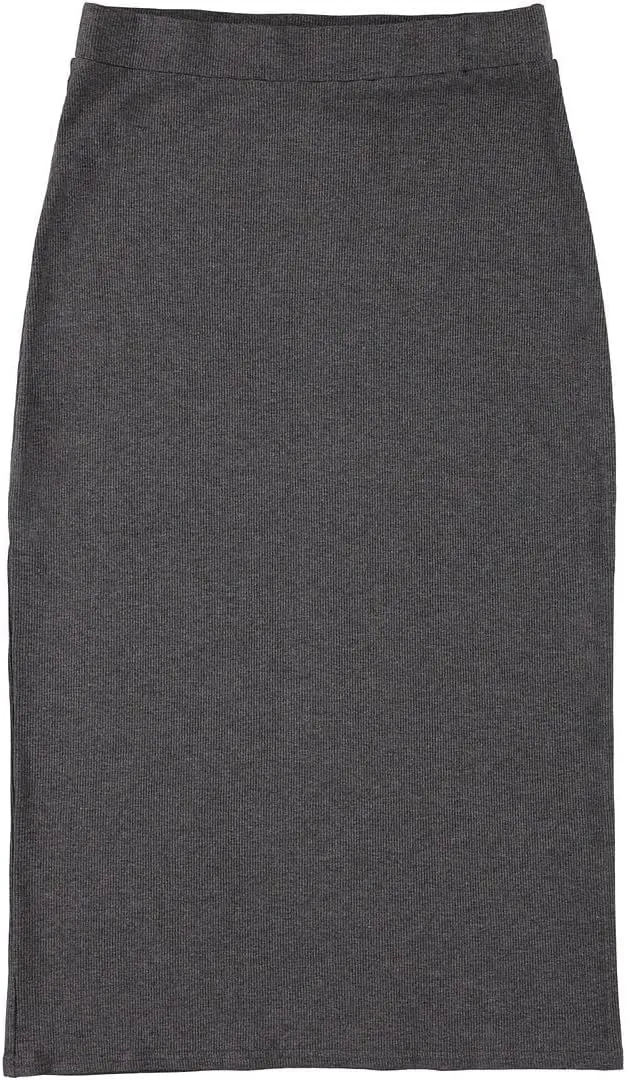 Ribbed Midi Skirt with Elastic Waist for Women- Bodycon Office Pencil Skirt