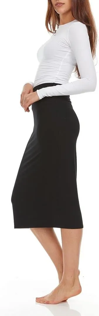 Ribbed Midi Skirt with Elastic Waist for Women- Bodycon Office Pencil Skirt
