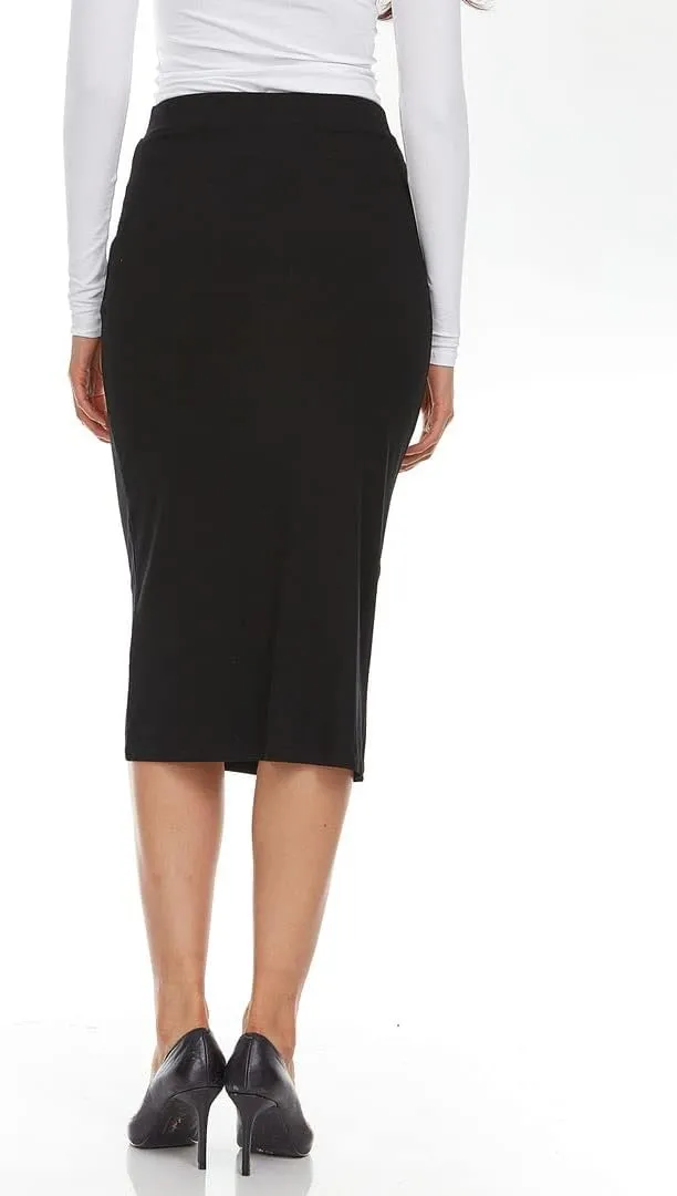 Ribbed Midi Skirt with Elastic Waist for Women- Bodycon Office Pencil Skirt