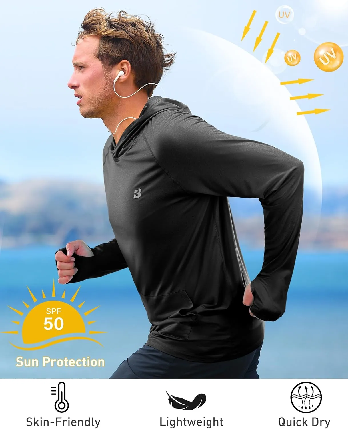 Roadbox Fishing Shirts for Men Long Sleeve, UPF 50  Sun Protection Hoodies with Pocket, Outdoor Running Hiking Rash Guard
