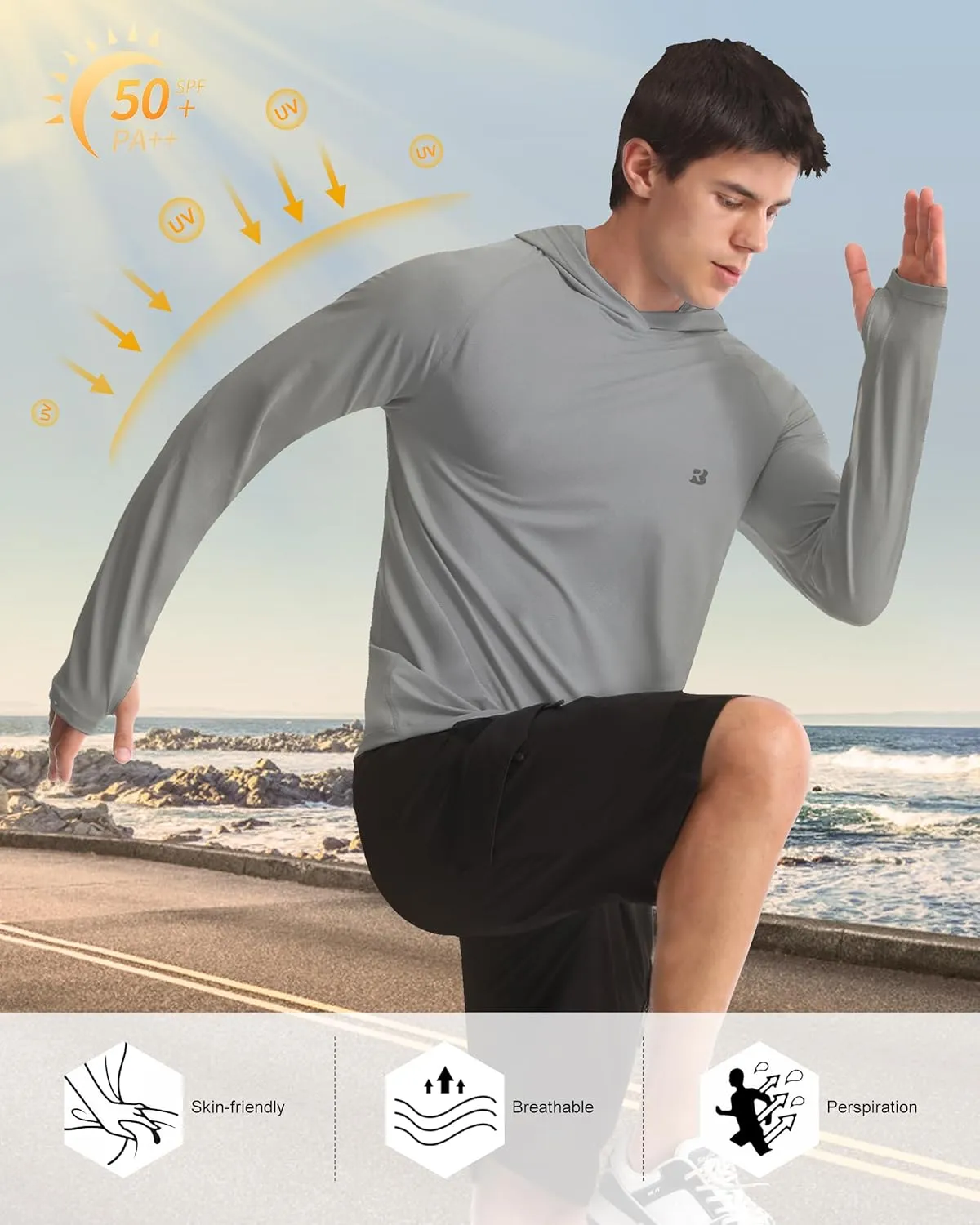 Roadbox UPF 50  Fishing Shirts for Men, Long Sleeve UV Protection Sun Hoodie, Swim Rash Guard for Hiking Running Workout