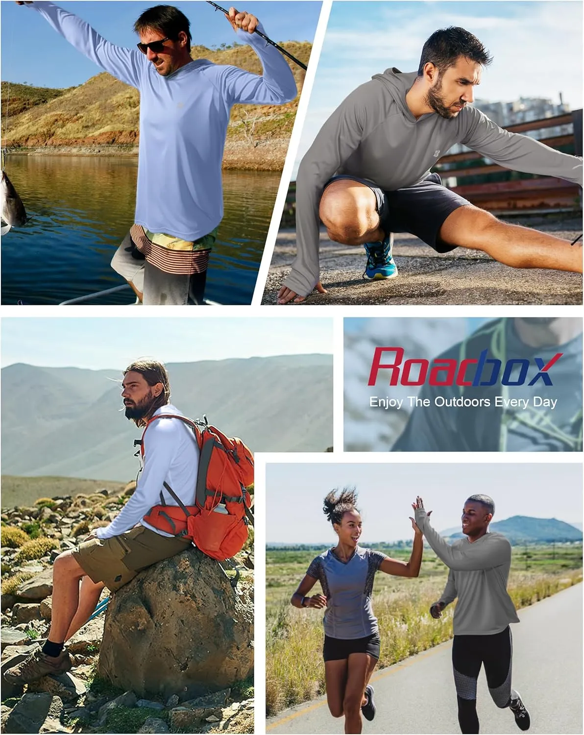 Roadbox UPF 50  Fishing Shirts for Men, Long Sleeve UV Protection Sun Hoodie, Swim Rash Guard for Hiking Running Workout
