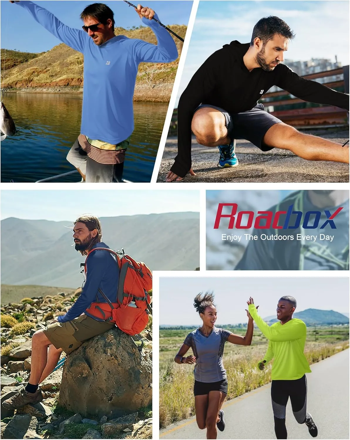 Roadbox UPF 50  Fishing Shirts for Men, Long Sleeve UV Protection Sun Hoodie, Swim Rash Guard for Hiking Running Workout
