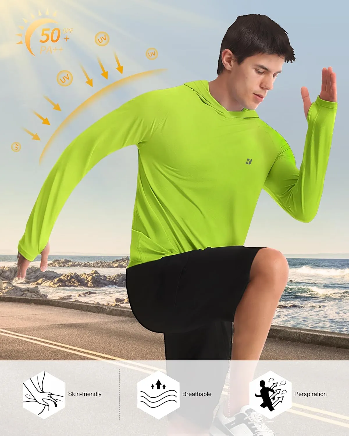Roadbox UPF 50  Fishing Shirts for Men, Long Sleeve UV Protection Sun Hoodie, Swim Rash Guard for Hiking Running Workout