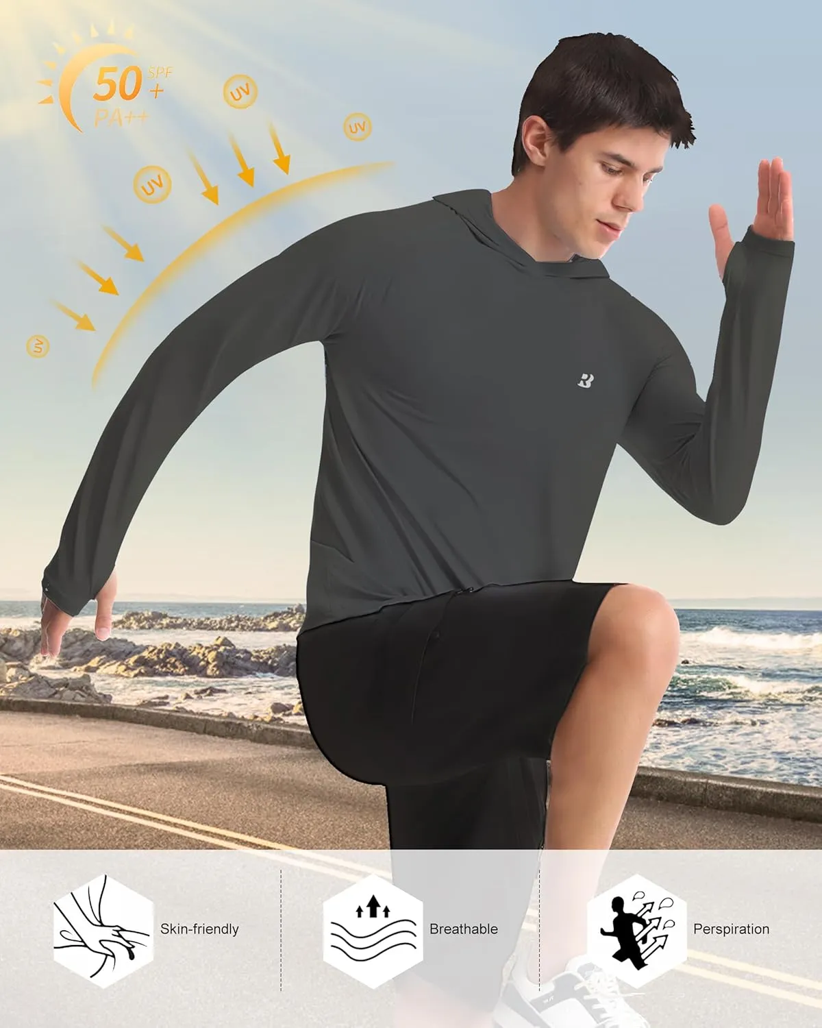 Roadbox UPF 50  Fishing Shirts for Men, Long Sleeve UV Protection Sun Hoodie, Swim Rash Guard for Hiking Running Workout