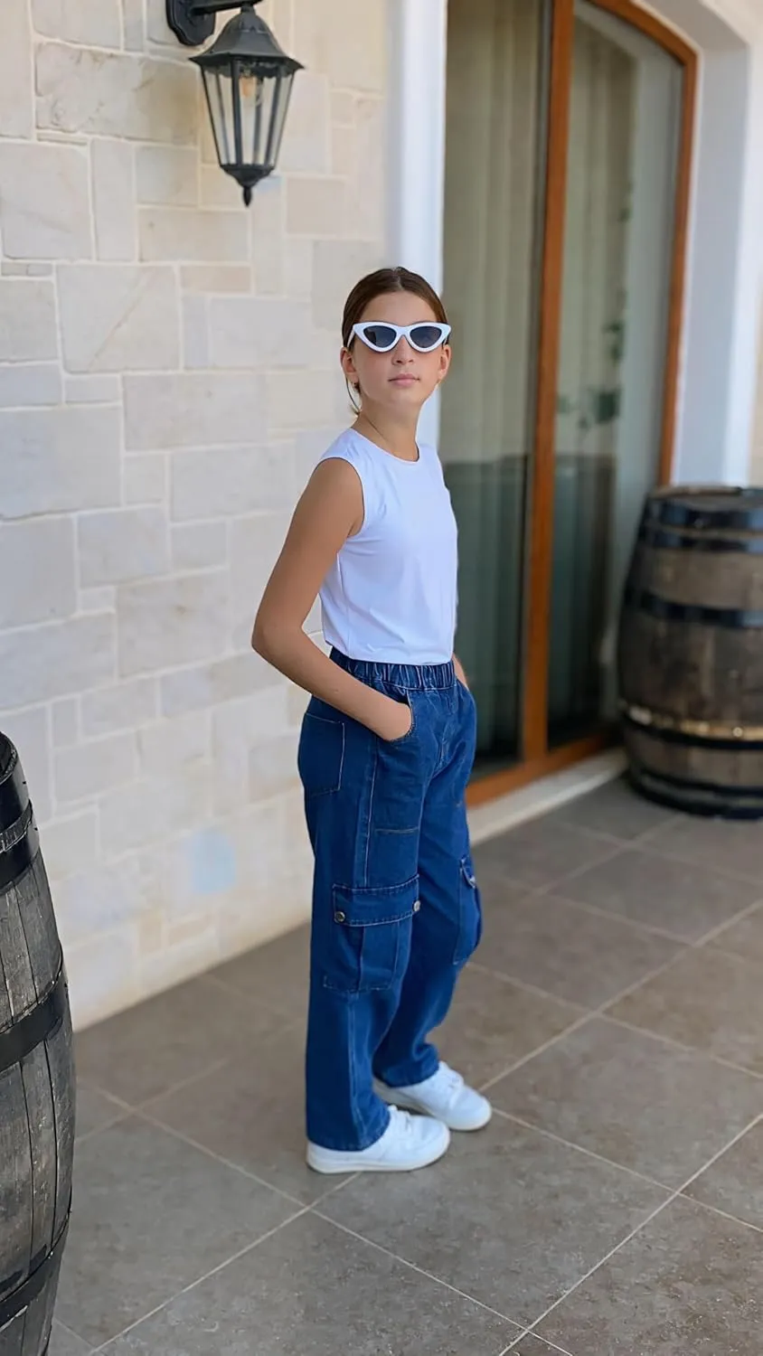 Rolanko Girls Jeans Denim Elastic Wasit Wide Leg Baggy Pants Kids Clothes 4-14 Years