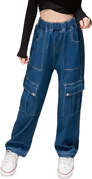 Rolanko Girls Jeans Denim Elastic Wasit Wide Leg Baggy Pants Kids Clothes 4-14 Years