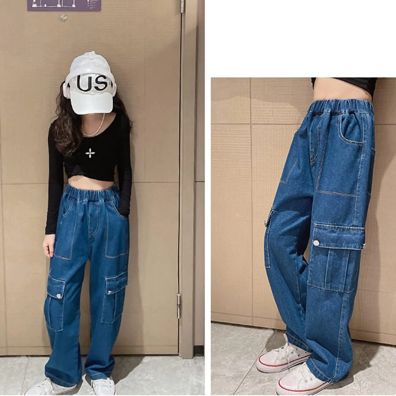 Rolanko Girls Jeans Denim Elastic Wasit Wide Leg Baggy Pants Kids Clothes 4-14 Years