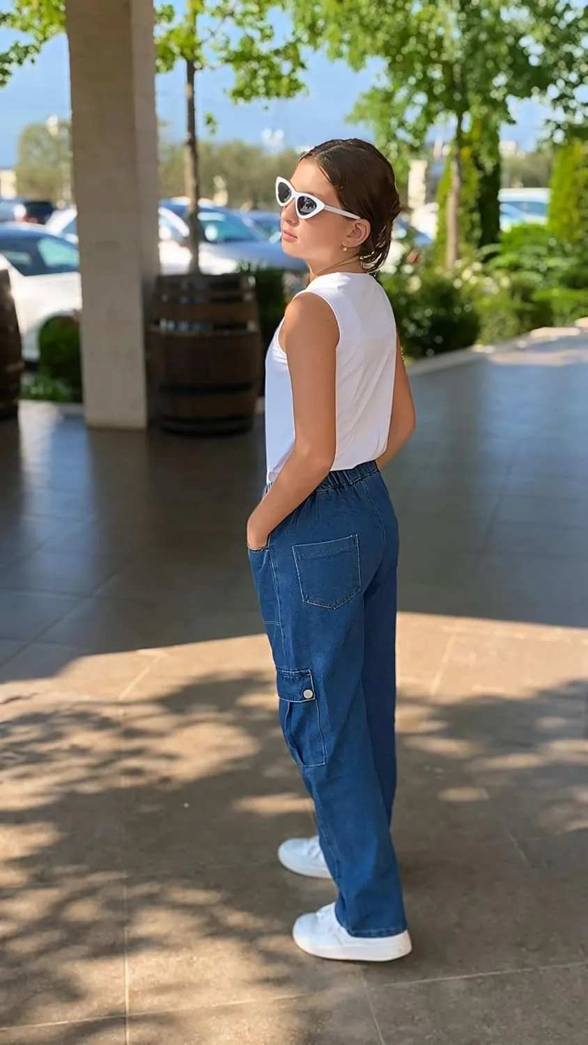 Rolanko Girls Jeans Denim Elastic Wasit Wide Leg Baggy Pants Kids Clothes 4-14 Years